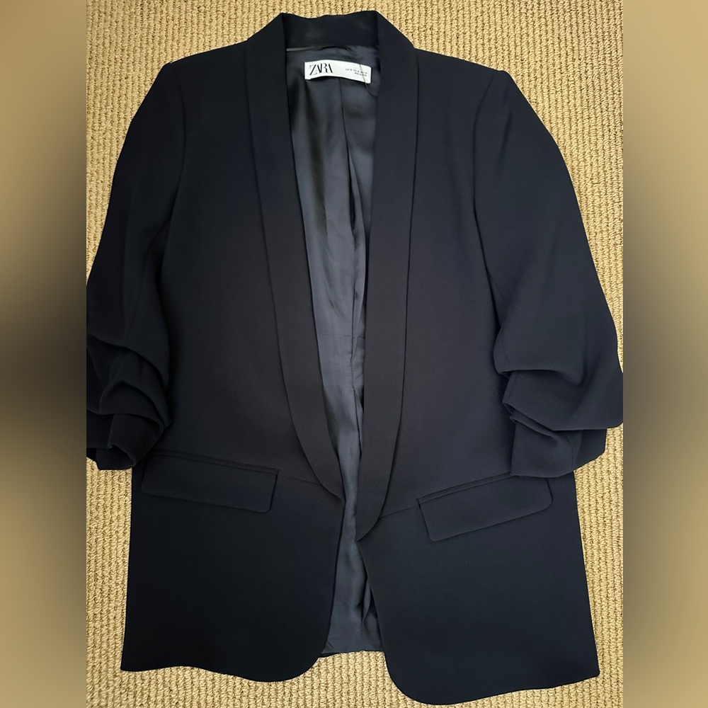 Zara Womens Navy Ruched Sleeves Open Front Blazer
